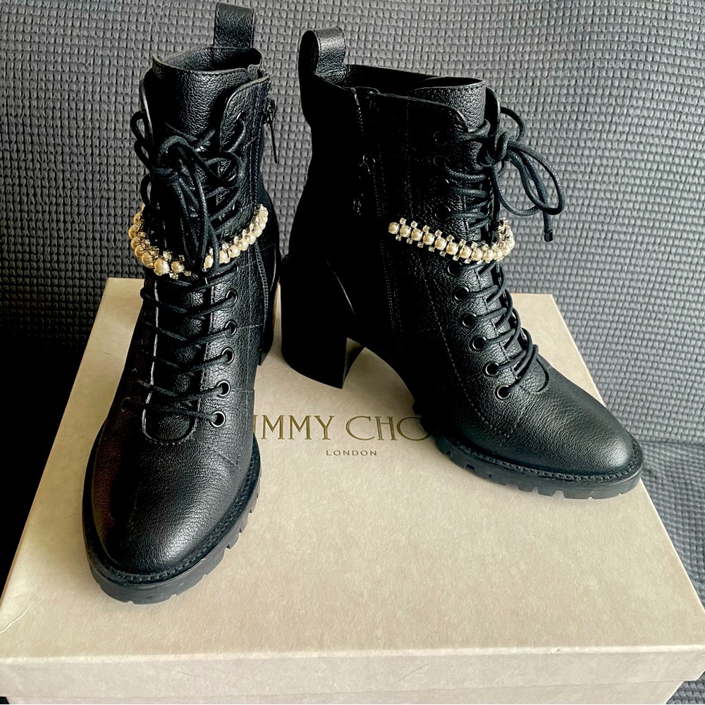 Jimmy Choo Black Cruz 65 Combat Ankle Boots with Crystal Pearl Strap